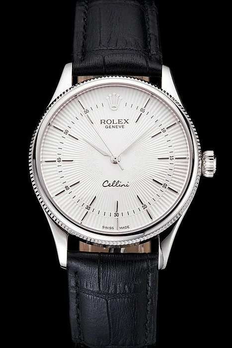 Rolex Cellini White Guilloche Dial Stainless Steel Case Black Leather Strap new121599