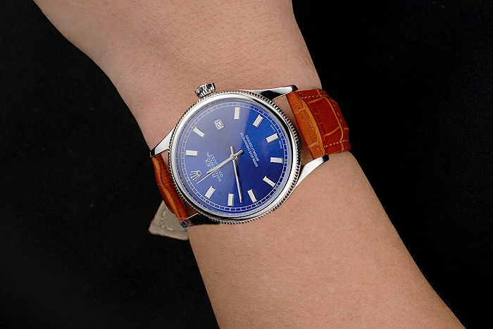Rolex Datejust Blue Dial Stainless Steel Case Light Brown Leather Strap new121601