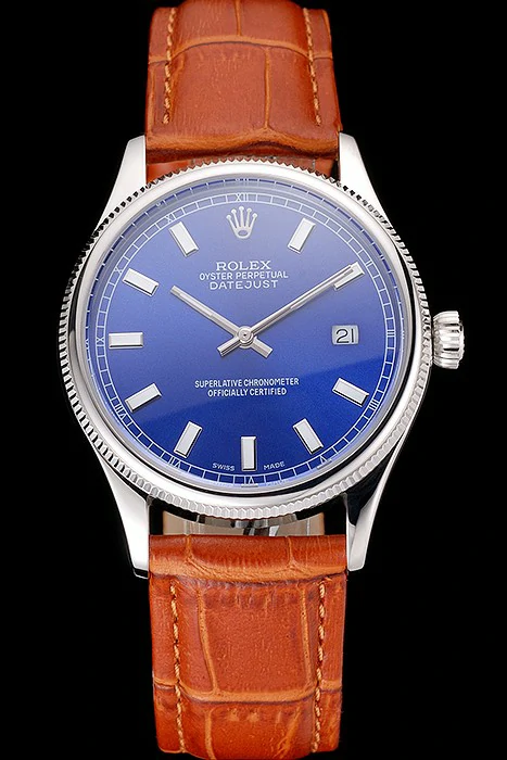 Rolex Datejust Blue Dial Stainless Steel Case Light Brown Leather Strap new121601