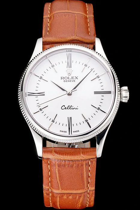 Rolex Cellini White Dial Roman Numerals Stainless Steel Case Light Brown Leather Strap new121602