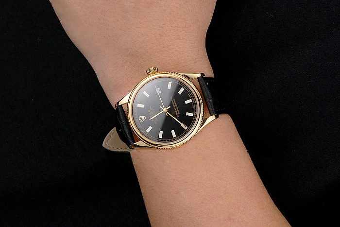 Rolex Datejust Black Dial Gold Case Black Leather Strap new121604