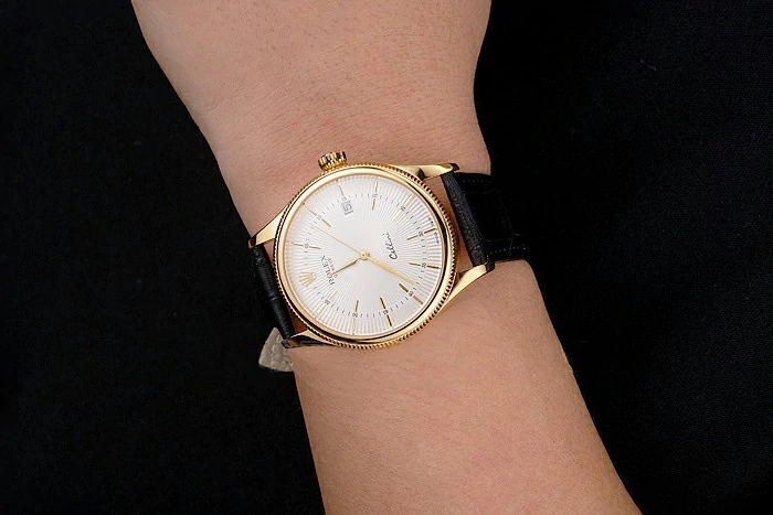 Rolex Cellini Date White Dial Gold Case Black Leather Strap new121605