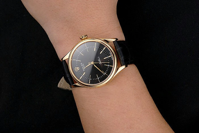 Rolex Cellini Black Dial Gold Markings Gold Case Black Leather Strap new121606