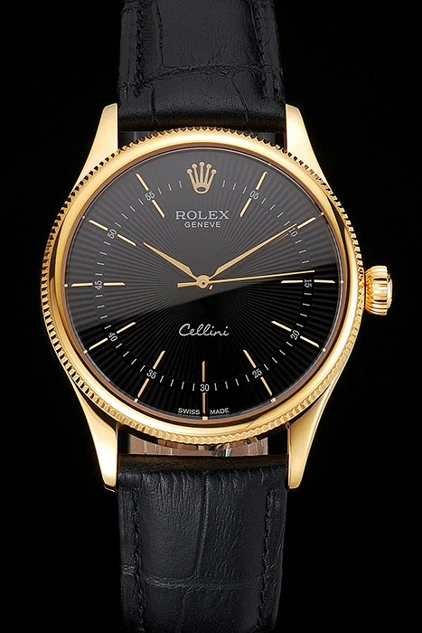 Rolex Cellini Black Dial Gold Markings Gold Case Black Leather Strap new121606