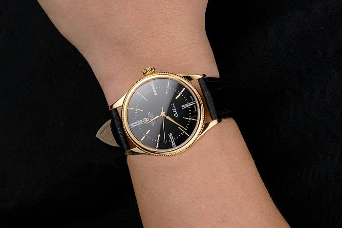 Rolex Cellini Black Dial Roman Numerals Gold Case Black Leather Strap new121607