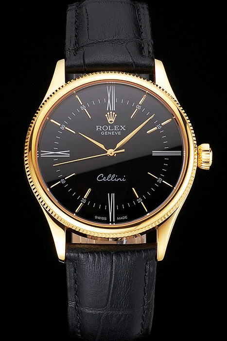 Rolex Cellini Black Dial Roman Numerals Gold Case Black Leather Strap new121607