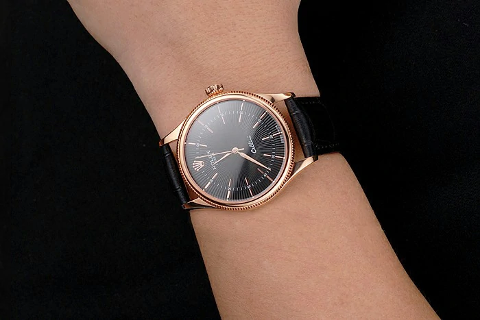 Rolex Cellini Black Dial Rose Gold Markings Rose Gold Case Black Leather Strap new121608