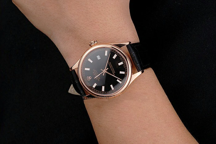 Rolex Datejust Black Dial Rose Gold Case Black Leather Strap new121609