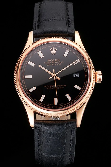 Rolex Datejust Black Dial Rose Gold Case Black Leather Strap new121609