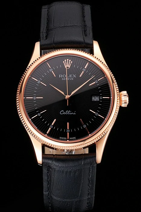 Rolex Cellini Date Black Dial Rose Gold Markings Rose Gold Case Black Leather Strap new121610