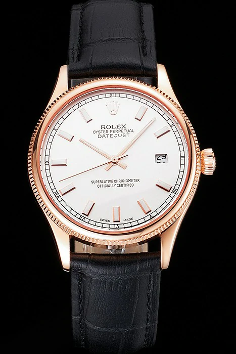Rolex Datejust White Dial Rose Gold Case Black Leather Strap new121611