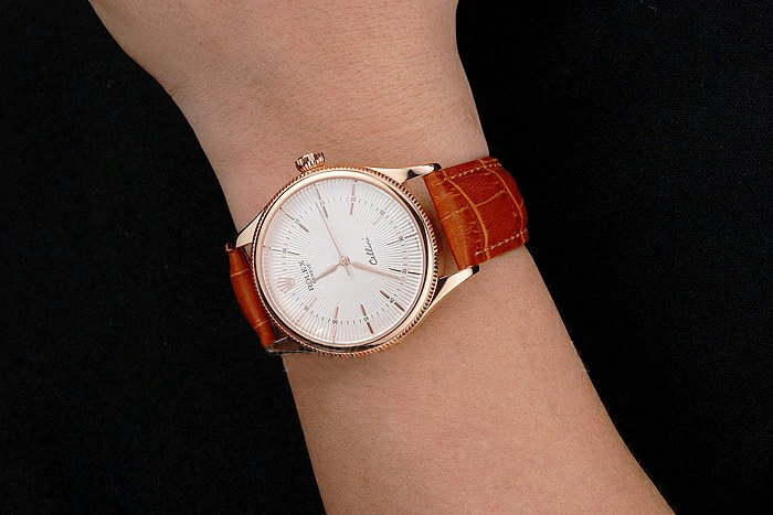 Rolex Cellini White Dial Rose Gold Case Brown Leather Strap new121612