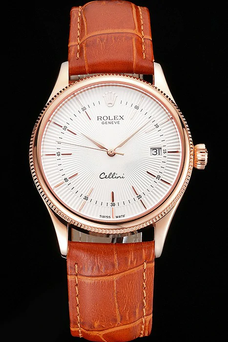Rolex Cellini Date White Dial Rose Gold Case Brown Leather Strap new121613