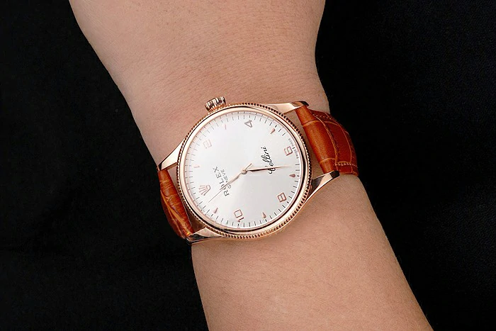 Rolex Cellini White Dial Arabic Numerals Rose Gold Case Light Brown Leather Strap new121614