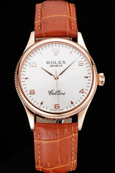 Rolex Cellini White Dial Arabic Numerals Rose Gold Case Light Brown Leather Strap new121614