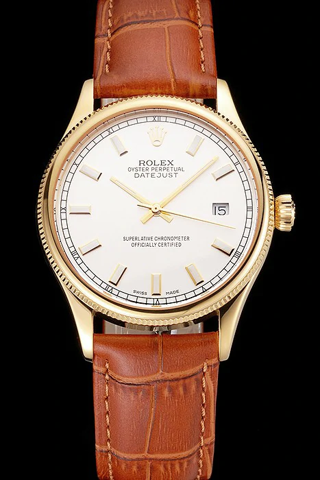 Rolex Datejust White Dial Gold Case Light Brown Leather Strap new121615