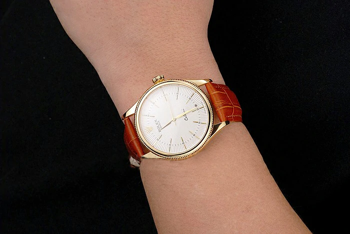 Rolex Cellini White Guilloche Dial Gold Case Light Brown Leather Strap new121617