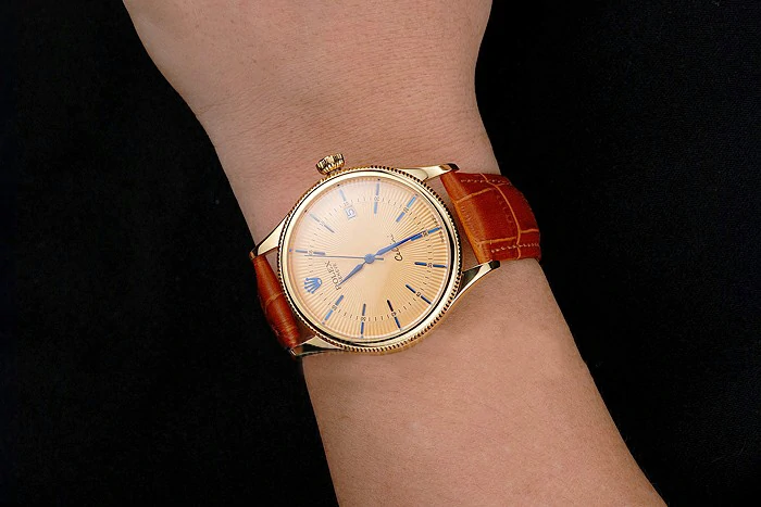 Rolex Cellini Date Gold Guilloche Dial Gold Case Light Brown Leather Strap new121618