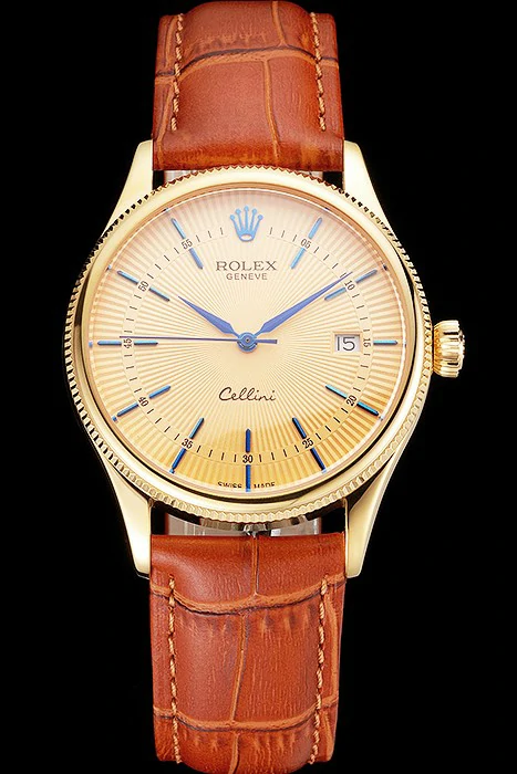 Rolex Cellini Date Gold Guilloche Dial Gold Case Light Brown Leather Strap new121618