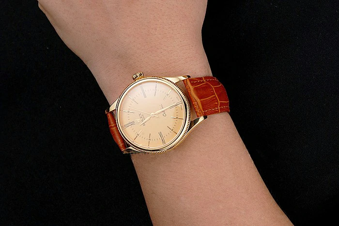 Rolex Cellini Gold Dial Roman Numerals Gold Case Light Brown Leather Strap new121619