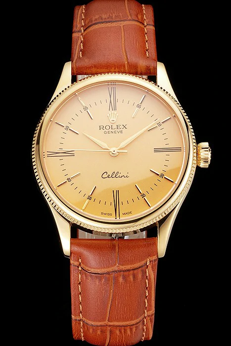 Rolex Cellini Gold Dial Roman Numerals Gold Case Light Brown Leather Strap new121619