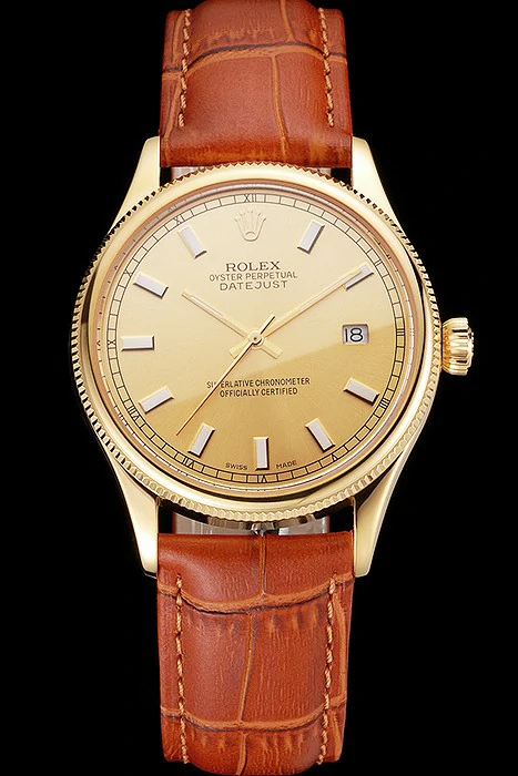 Rolex Datejust Gold Dial Gold Case Light Brown Leather Strap new121621
