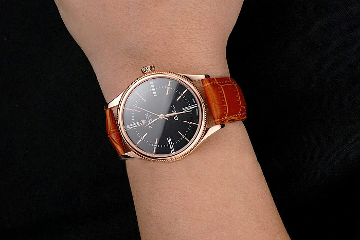 Rolex Cellini Black Dial Roman Numerals Rose Gold Case Light Brown Leather Strap new121622