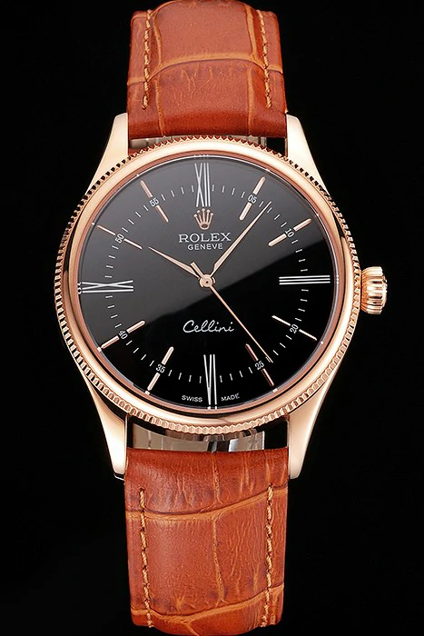 Rolex Cellini Black Dial Roman Numerals Rose Gold Case Light Brown Leather Strap new121622
