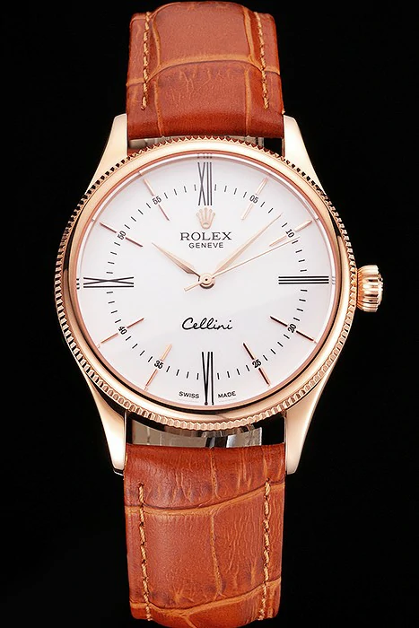 Rolex Cellini White Dial Roman Numerals Rose Gold Case Light Brown Leather Strap new121623
