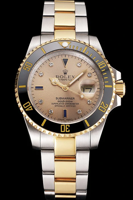 Rolex Submariner Gold Dial Diamond Markings Black Bezel Two Tone Steel Gold Bracelet new121631
