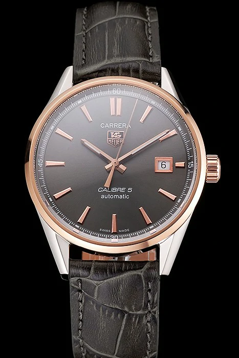 Tag Heuer Carrera Calibre 5 Gray Dial Rose Gold Case Black Leather Strap new121633