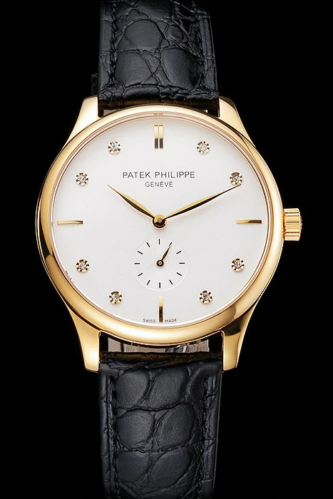 Patek Philippe Calatrava White Dial Diamond Markings Gold Case Black Leather Strap new121935