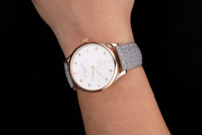 Patek Philippe Calatrava White Dial Diamond Markings Rose Gold Case Gray Leather Strap new121941
