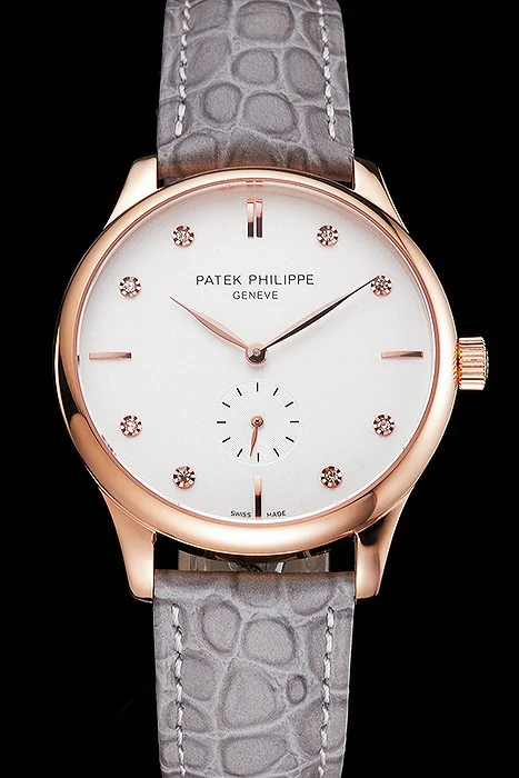 Patek Philippe Calatrava White Dial Diamond Markings Rose Gold Case Gray Leather Strap new121941