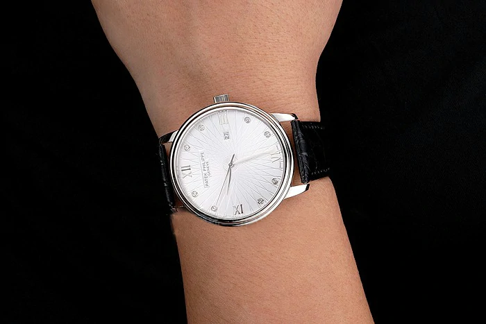 Patek Philippe Calatrava Date White Embossed Dial Stainless Steel Case Black Leather Strap new121953