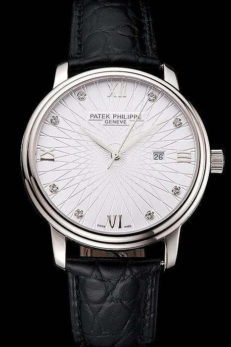 Patek Philippe Calatrava Date White Embossed Dial Stainless Steel Case Black Leather Strap new121953