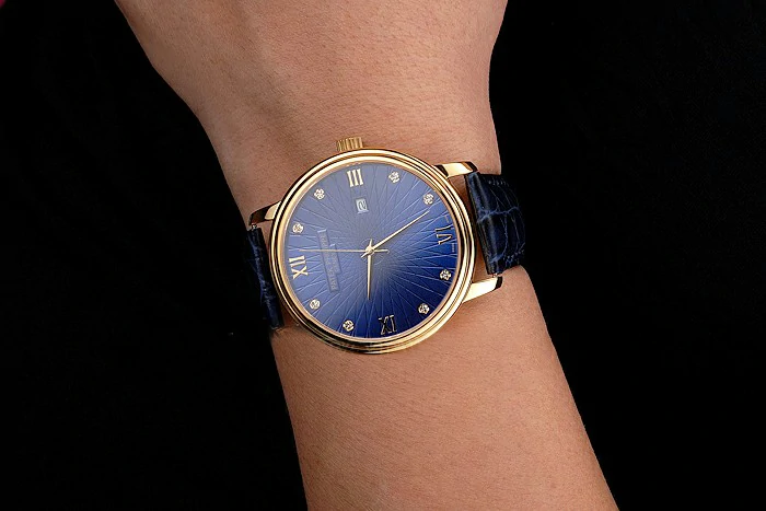 Patek Philippe Calatrava Date Blue Embossed Dial Gold Case Blue Leather Strap new121956
