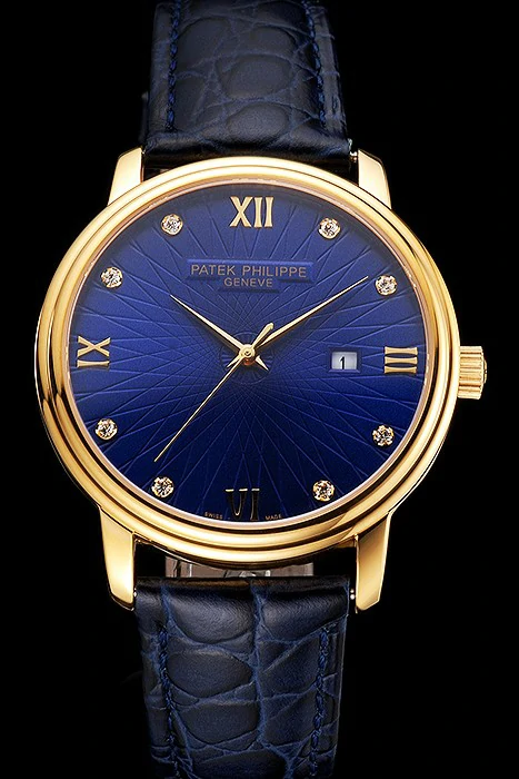 Patek Philippe Calatrava Date Blue Embossed Dial Gold Case Blue Leather Strap new121956
