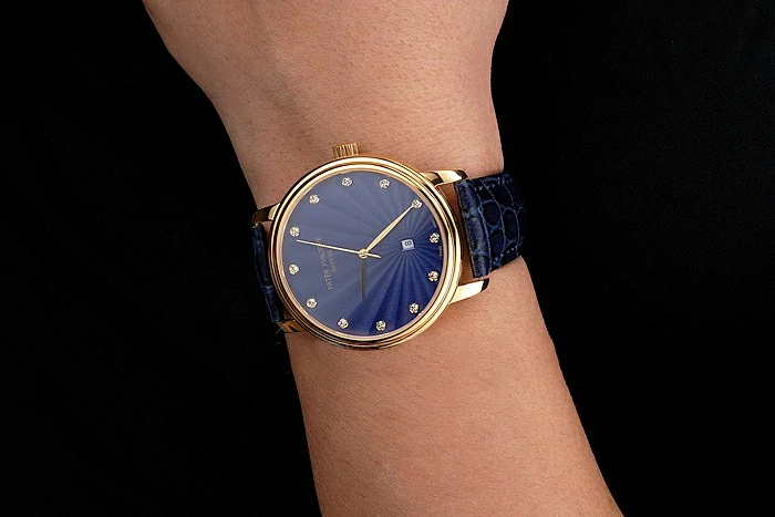 Patek Philippe Calatrava Date Blue Guilloche Dial Gold Case Blue Leather Strap new121958