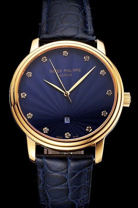 Patek Philippe Calatrava Date Blue Guilloche Dial Gold Case Blue Leather Strap new121958