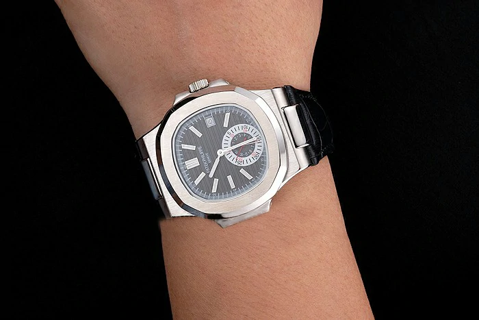 Patek Philippe Nautilus Black Dial Stainless Steel Case Black Leather Strap new121963