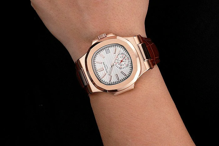 Patek Philippe Nautilus White Dial Rose Gold Case Brown Leather Strap new121967