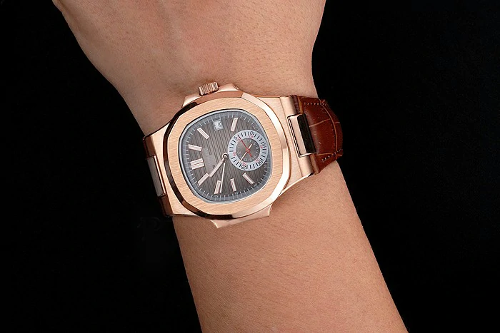 Patek Philippe Nautilus Gray Dial Rose Gold Case Brown Leather Strap new121968