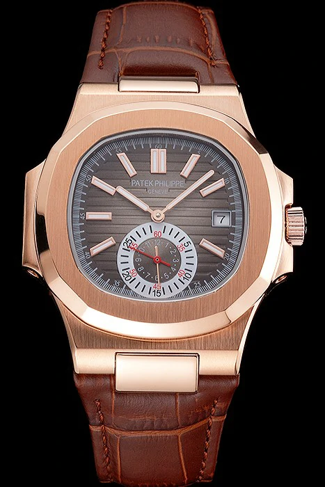 Patek Philippe Nautilus Gray Dial Rose Gold Case Brown Leather Strap new121968