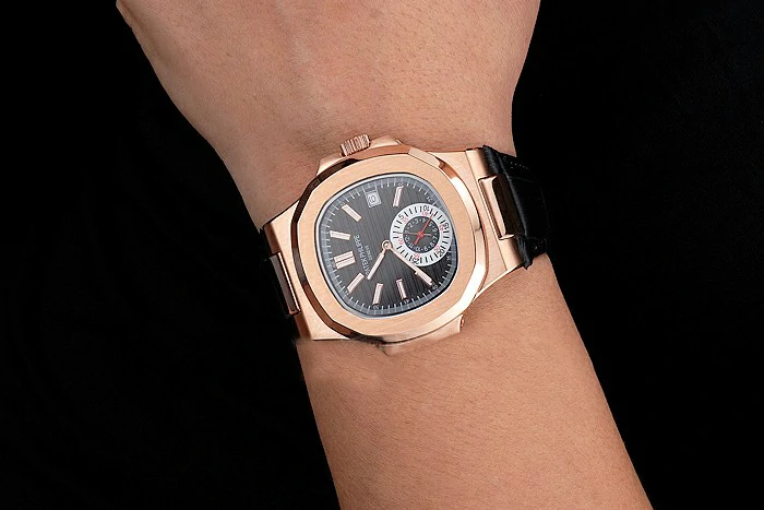 Patek Philippe Nautilus Black Dial Rose Gold Case Black Leather Strap new121969
