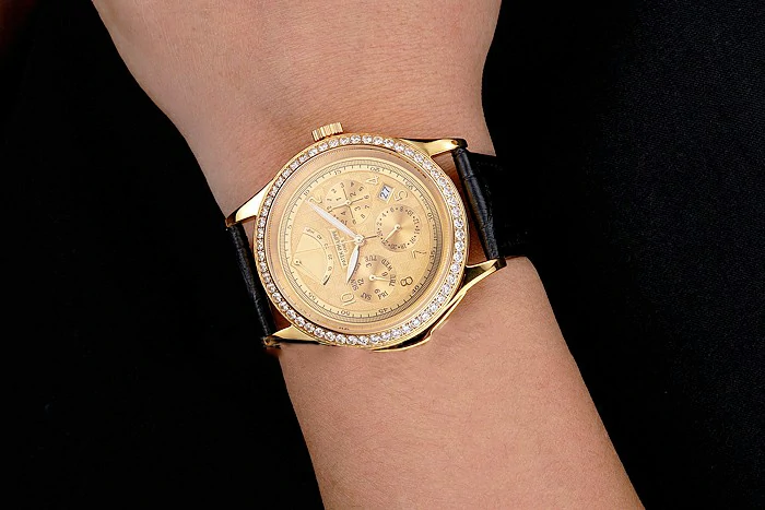 Patek Philippe Grand Complications Power Reserve Gold Dial And Case Diamond Bezel Black Leather Strap new121984