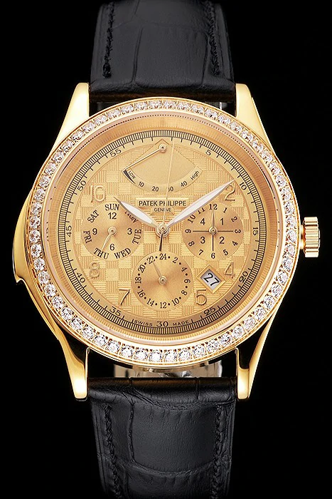 Patek Philippe Grand Complications Power Reserve Gold Dial And Case Diamond Bezel Black Leather Strap new121984