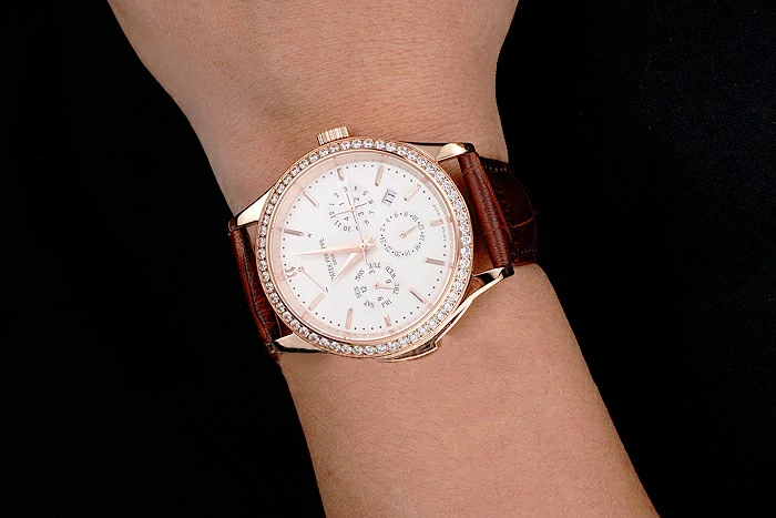 Patek Philippe Grand Complications Perpetual Calendar White Dial Rose Gold Case Diamond Bezel Brown Leather Strap new121986