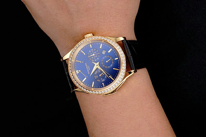 Patek Philippe Grand Complications Perpetual Calendar Blue Dial Gold Case Diamond Bezel Black Leather Strap new121987
