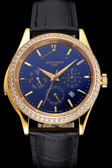 Patek Philippe Grand Complications Perpetual Calendar Blue Dial Gold Case Diamond Bezel Black Leather Strap new121987